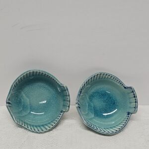 Vintage Asahi Japan Pottery Fish Blue Crackled Glaze Sushi Dip Sauce Dish Set